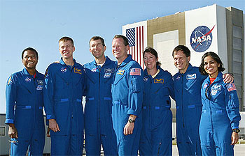 Crewmembers of the space shuttle Columbia poses for photographs