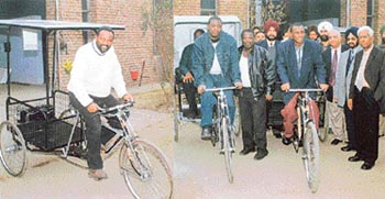 Delegates enjoy a ride on three versions of cycle-rickshaw designed and developed in Ludhiana. Senior officers from UNIDO and the R and D centre