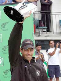 New Zealand�s captain Stephen Fleming holds up the Test trophy after their victory on day four of the second cricket Test between the New Zealand and India 