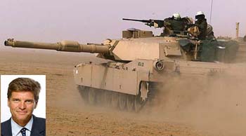 A US Army tank kicks up sand during a brigade live-fire exercise in the north Kuwait desert on Saturday. French television journalist Patrick Bourrat (inset) died in a Kuwait hospital on Sunday