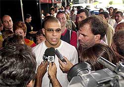 Brazilian soccer star Ronaldo Nazario speaks to the media