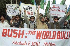 Pakistani Muslims belonging to the Shabab-e-Milli group raise anti-US slogans during a rally in the Punjab provincial city of Multan