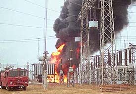 Flames rise from the 100 mva transformer at the Ramgarh-Madanpur power substation