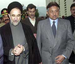 Iranian President Mohammad Khatami and Pakistan President Pervez Musharraf during an official welcoming ceremony
