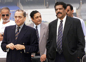 BCCI chairman Jagmohan Dalmiya stands with the board secretary, S.K. Nair before the start of a special board meeting 