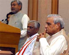 Prime Minister Atal Behari Vajpayee with Railway Minister Nitish Kumar and Minister of State for Railways Bandaru Dattatreya