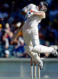 Australia's captain Steve Waugh jumps to avoid being hit
