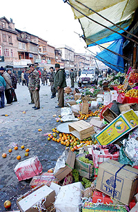 The scene near the crowded Maharaj Baazar in the heart of Srinagar where a policeman was shot at