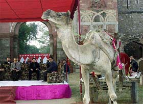 Union Minister of Tourism and Culture Jag Mohan watches the symbolic presentation of ancient Indian traffic