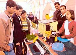 Students display their projects at a science fair in Ludhiana on Saturday.