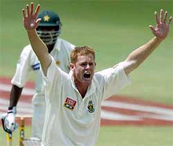 South African captain Shaun Pollock appeals unsuccessfully for an LBW decision