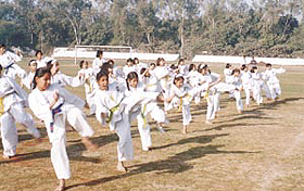 Martial arts exponents in action at Sadhu Vaswani School ground.