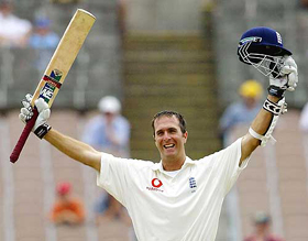 England�s Michael Vaughan acknowledges his century on the fourth day of the fourth Test against Australia 