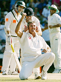 England�s Andrew Caddick has his ears tugged on by Richard Dawson after Caddick took the wicket of Australia�s Justin Langer 