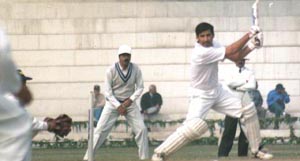 Rajesh Tomar goes for a big shot in the PNB Sports Meet cricket match between UP West Zone and UP East Zone at the Karnail Singh Stadium 