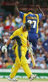 Sri Lanka's Pulsasthi Gunaratna jumps in celebration