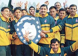 Athletes of log and Communication Sector, jubilant after winning the overall trophy in the 22nd ITBP Inter-Sector Athletics Meet 