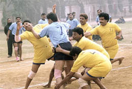 A kabaddi match between Rajasthan Zone and West UP Zone in progress