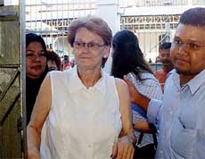 American Joy Lee Sadler, 57, leaves a prison in the Indonesian city of Banda Aceh