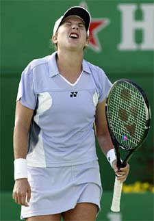 Monica Seles of the USA reacts after a missed point against Klara Koukalova of the Czech Republic during their match at Australian Open in Melbourne