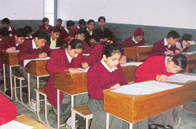 Students take the general-knowledge test organised by the Akhil Bharatiya Vidyarthi Parishad