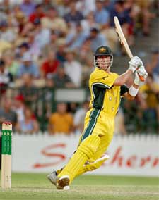 Damien Martyn of Australia cuts during his innings of 59 runs during the one-day match against England