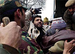 JKLF vice-chairman Javid Ahmad Mir being taken into custody