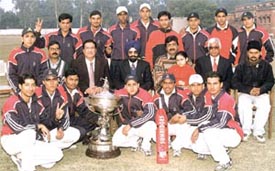 The Meerut University Cricket team with the Rohinton Baria Trophy