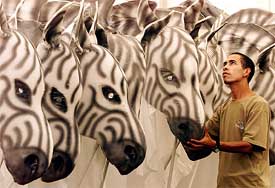 While the start of the 2003 Cricket World Cup now only weeks away, a worker put the finishing touches to model zebras