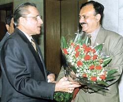 BCCI president Jagmohan Dalmia being welcomed by vice-chairman of the National Cricket Academy C K Khanna 