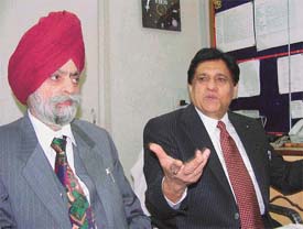 Mr B.K. Agnihotri, Indian Ambassador-at-large USA, talks to mediapersons after inaugurating a computerisation project at the Guru Teg Bahadur Charitable Hospital 