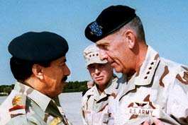 The newly appointed Chief of Staff of the Kuwait military, Air Force General Fahd al-Amir greets the chief of United States Central Command General Tommy Franks