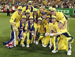 Australian cricket team celebrate after defeating England in the second final of the one-day international cricket match