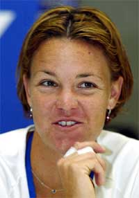 Lindsay Davenport of the USA speaks during an interview at Tokyo Metropolitan Gymnasium, the venue of the Pan Pacific Open Tennis tournament