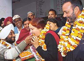 Mr Kulwant Singh, president, MC, SAS Nagar, with newly elected MC senior vice-president Amteshwar Kaur and vice-president Rajinder K. Sharma at SAS Nagar 