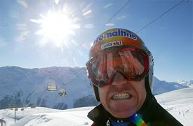 Didier Cuche of Switzerland grimaces prior to an inspection of the Super-G track