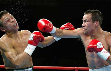 Manuel Medina of Tijuana, Mexico, takes a hit from Juan Manuel Marquez of Mexico City in the fourth round of the IBF featherweight title fight 