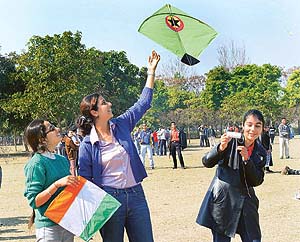 Girl students fly kites at the Students� Centre of Panjab University in Chandigarh on Wednesday.