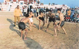 A kabaddi match in progress during the mini olympics at Sahnewal