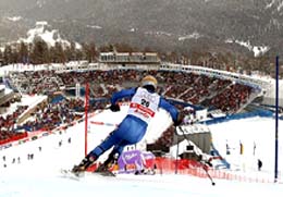 Bode Miller of the USA takes a gate on his way to winning the Combined event