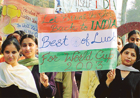 Students of Malwa College, Ludhiana take out a World Cup rally sending best wishes to Indian cricketers 