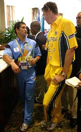 Australia's Glenn McGrath talks with India's Sachin Tendulkar