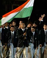 Led by captain Saurav Ganguly,  members of the Indian cricket team enter Newlands 