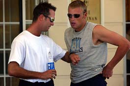 England's Michael Vaughan and Andrew Flintoff leave the team hotel