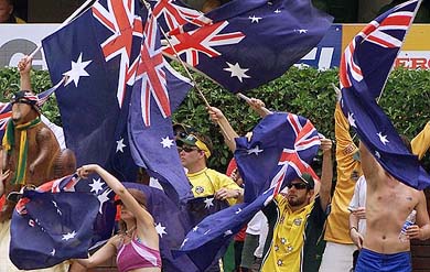 Australian cricket fans celebrate during their team's match against Pakistan 
