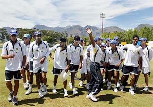 Indian cricket players gather before a training session at Boland Park in Paarl