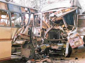 The mangled remains of vehicles that collided head-on near Samrala