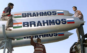 Indian soldiers position the Brahmos missile during a media briefing