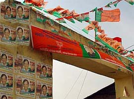 Posters of the BJP candidate from Dharamsala, Mr Kishan Kapoor