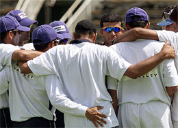 Indian cricket captain Saurav Ganguly looks out from a team talk